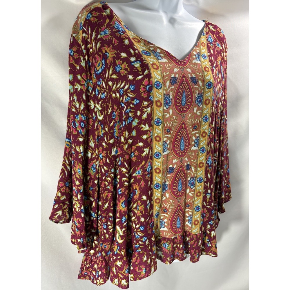 Haute Hippie Women's Plus Size 1X Burgundy Paisley V-Neck Ruffle Hem Bell Sleeve